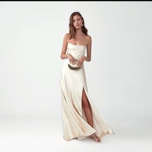 Fame and Partners Strappy Draped Gown in Champagne Satin